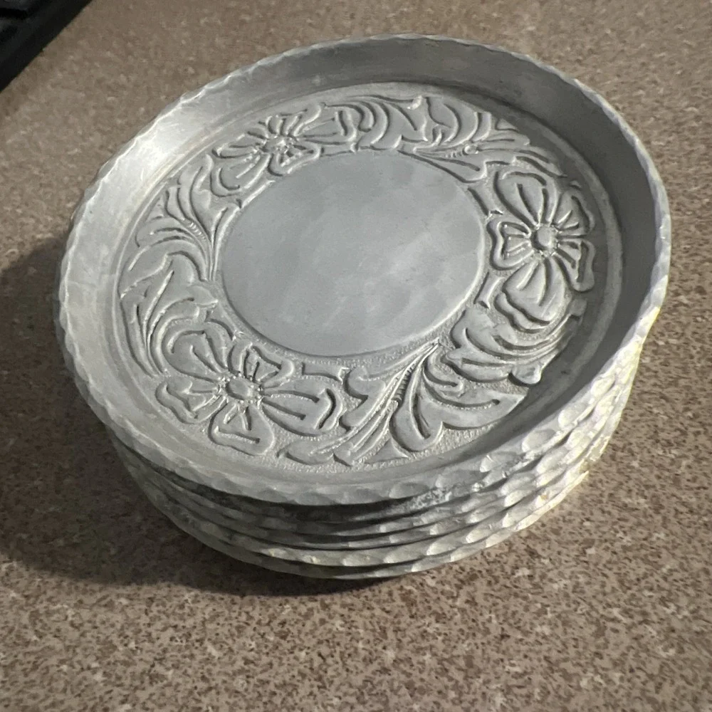Aluminum Vintage Set Of 6 Coasters Forged Intaglio Design By EMPC Bow Design 3